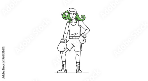 A determined boxer stands with his loyal chameleon companion, showcasing an unexpected duo ready