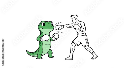 Dynamic Clash: Anthropomorphic Reptile Versus Human Pugilist in a Stylized Bout Illustration