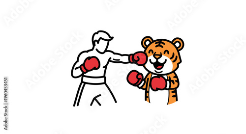 Dynamic cartoon encounter between a boxer and a cheerful tiger in matching red gloves