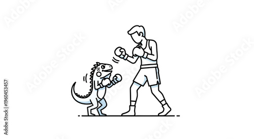 A man and a cartoon dinosaur engage in a lighthearted boxing match illustration concept