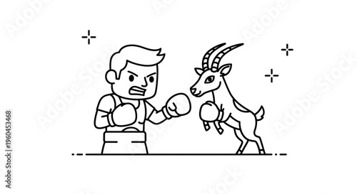 Cartoon line art illustration of an energetic boxer facing a formidable horned animal in a unique