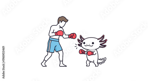 Playful boxing match between a human athlete and an adorable axolotl wearing red gloves