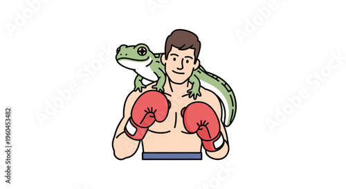 Unconventional boxer in red gloves with a cheerful green gecko companion on his shoulder ready to