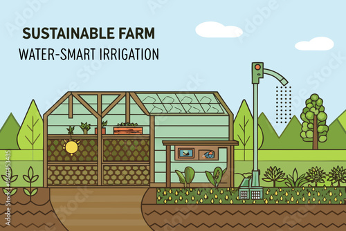 Illustration of a sustainable farm with water smart irrigation systems and greenhouse