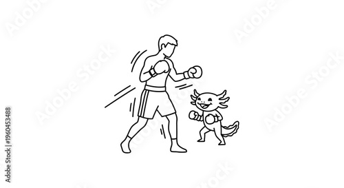 Engaging line art featuring a human boxer and an axolotl in a friendly sparring match