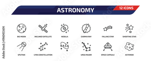 astronomy outline icon set. 12 linear vector for ui, web and mobile. thin line big moon, inclined satellite, nebula and more icons.