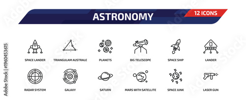astronomy outline icon set. 12 linear vector for ui, web and mobile. thin line space lander, triangulam australe, planets and more icons.