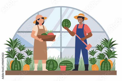 Two farmers showcase a bountiful harvest of fresh produce in a greenhouse