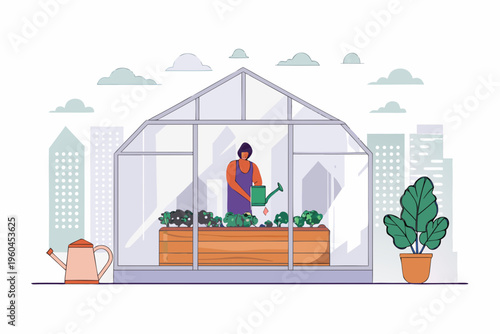 A woman gardening inside a glass greenhouse with plants and tools