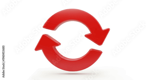 A prominent 3D rendered red refresh or recycle symbol, composed of two curved arrows, stands out against a clean white background.