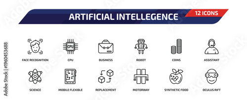 artificial intellegence outline icon set. 12 linear vector for ui, web and mobile. thin line face recognition, cpu, business and more icons.