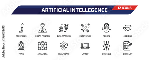 artificial intellegence outline icon set. 12 linear vector for ui, web and mobile. thin line prosthesis, organ printing, data transfer and more icons.