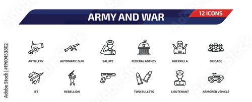 army and war outline icon set. 12 linear vector for ui, web and mobile. thin line artillery, automatic gun, salute and more icons.