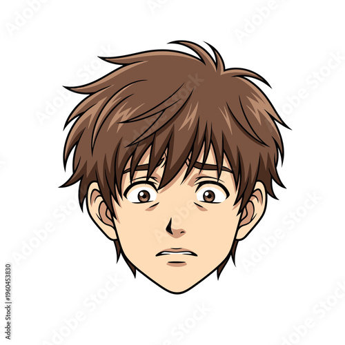 Anime boy with worried expression and brown spiky hair.