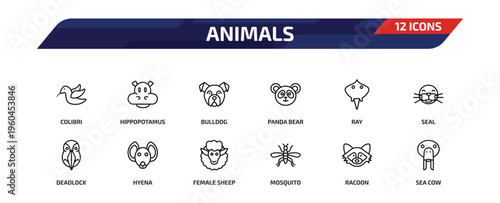 animals outline icon set. 12 linear vector for ui, web and mobile. thin line colibri, hippopotamus, bulldog and more icons.
