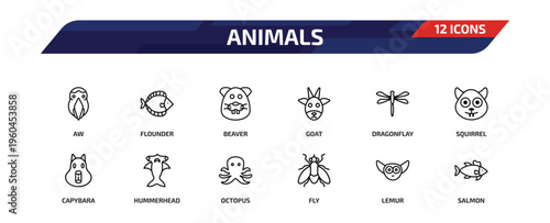 animals outline icon set. 12 linear vector for ui, web and mobile. thin line aw, flounder, beaver and more icons.