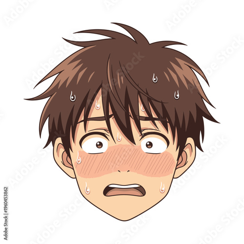 Anime boys face with a shocked and embarrassed expression.