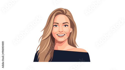 Portrait of a joyful young woman with long blonde hair and a bright smile illustrated in a clean vector style against a plain white background.