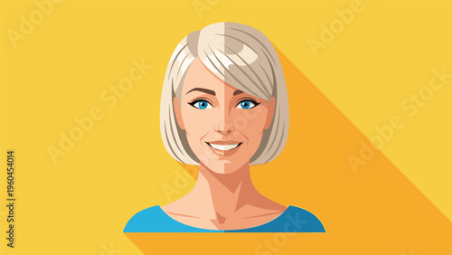 Portrait of a smiling blonde woman with blue eyes and short hair in a modern flat design style against a bright yellow background with shadow.
