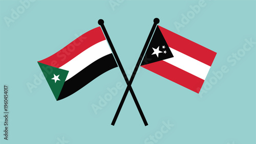 Crossed national flags of Sudan and South Sudan representing international relations and diplomatic ties between the two neighboring countries.