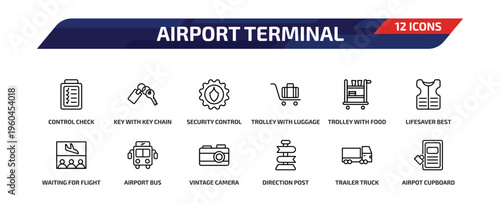 airport terminal outline icon set. 12 linear vector for ui, web and mobile. thin line control check, key with key chain, security control and more icons.