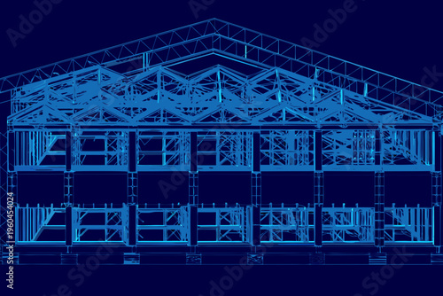 Blueprint of a large building s steel framework against a dark background
