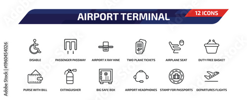 airport terminal outline icon set. 12 linear vector for ui, web and mobile. thin line disable, passenger passway, airport x ray hine and more icons.