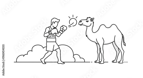 Determined boxer confronts a stoic camel in a striking minimalist desert illustration
