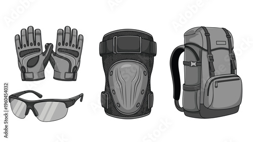 Complete set of protective outdoor equipment including a backpack, tactical gloves, safety glasses, and knee pads illustrated in a grey theme.