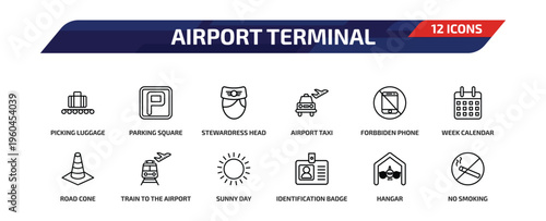 airport terminal outline icon set. 12 linear vector for ui, web and mobile. thin line picking luggage, parking square, stewardress head and more icons.