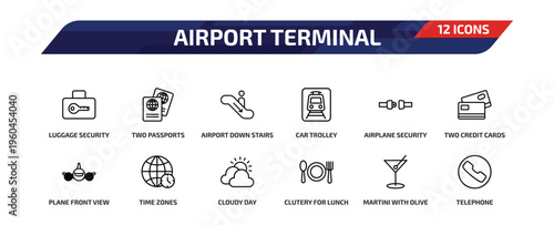 airport terminal outline icon set. 12 linear vector for ui, web and mobile. thin line luggage security, two passports, airport down stairs and more icons.