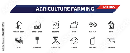 agriculture farming outline icon set. 12 linear vector for ui, web and mobile. thin line chicken coop, greenhouse, seed bag and more icons.