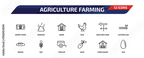 agriculture farming outline icon set. 12 linear vector for ui, web and mobile. thin line smart farm, manure, barn and more icons.
