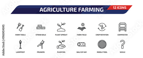 agriculture farming outline icon set. 12 linear vector for ui, web and mobile. thin line farm tools, straw bale, plant sprout and more icons.