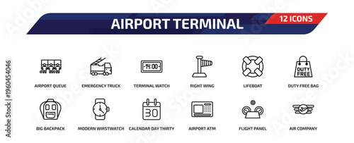 airport terminal outline icon set. 12 linear vector for ui, web and mobile. thin line airport queue, emergency truck, terminal watch and more icons.