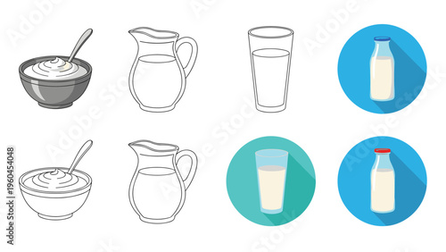 Comprehensive collection of dairy product icons including milk bottles, glasses, and yogurt bowls presented in various artistic graphic styles.