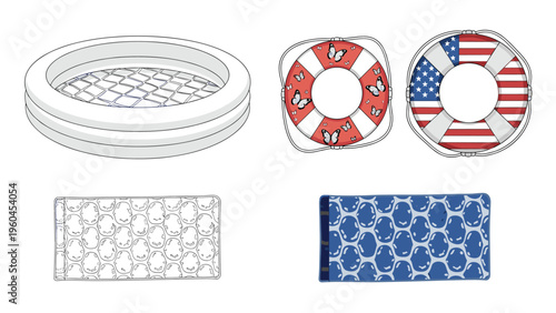 Inflatable pool accessories including life rings with patterns and a water mattress shown in both detailed color and simple line art outlines.