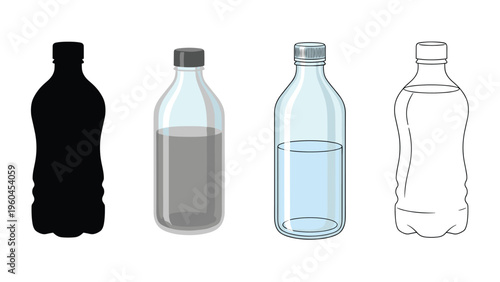 Plastic water bottle shown in four distinct graphic styles including a solid black silhouette, a shaded version, a colored icon, and an outline.
