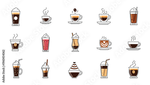 Extensive collection of coffee and beverage icons featuring various types of drinks like espresso, latte, and frappe in stylish line art designs.