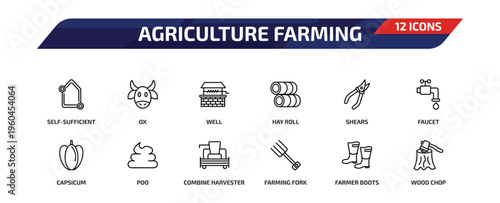 agriculture farming outline icon set. 12 linear vector for ui, web and mobile. thin line self-sufficient, ox, well and more icons.