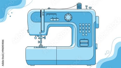 Modern blue sewing machine illustration with detailed controls and thread spool perfect for tailoring, fashion design, and handicraft themes.
