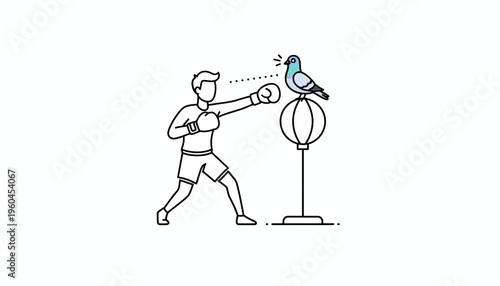Boxer practices diligently with a speed bag while a surprised pigeon perches atop it unexpectedly