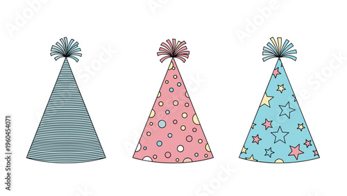 Three colorful cone-shaped party hats with different patterns including stripes, polka dots, and stars for birthday and holiday celebrations.