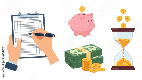 Business and finance concepts depicted through illustrations of a person writing on a clipboard, a piggy bank, cash and an hourglass.