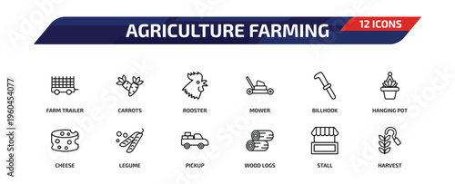 agriculture farming outline icon set. 12 linear vector for ui, web and mobile. thin line farm trailer, carrots, rooster and more icons.
