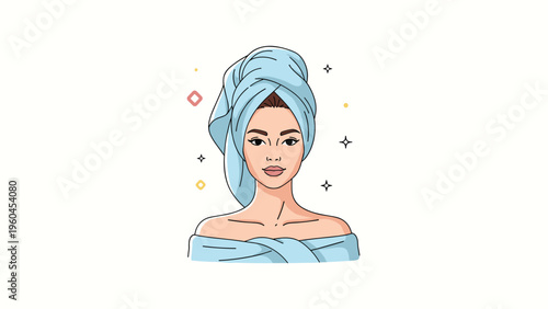 Beautiful young woman with a blue towel wrapped around her head after a bath depicted in a clean vector illustration with decorative sparkles.