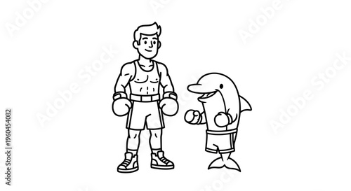 A whimsical black and white outline illustration featuring an anthropomorphic dolphin and a human