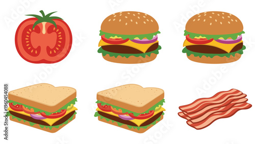 Selection of popular fast food items including burgers, club sandwiches, fresh tomato slices, and crispy bacon strips in a colorful vector style.