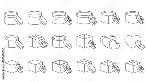 Collection of various gift box shapes and angles shown in simple line art outlines including round, square, and heart-shaped containers with lids.