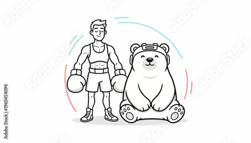 Charming illustration of a determined boxer and a cheerful polar bear companion ready for playful